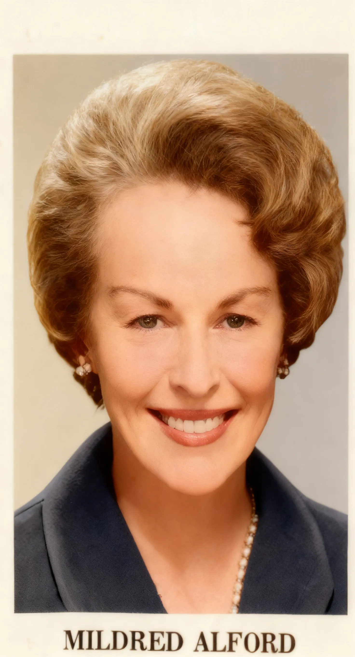 Mildred Alford smiling in a navy collared jacket and pearl necklace, studio portrait.